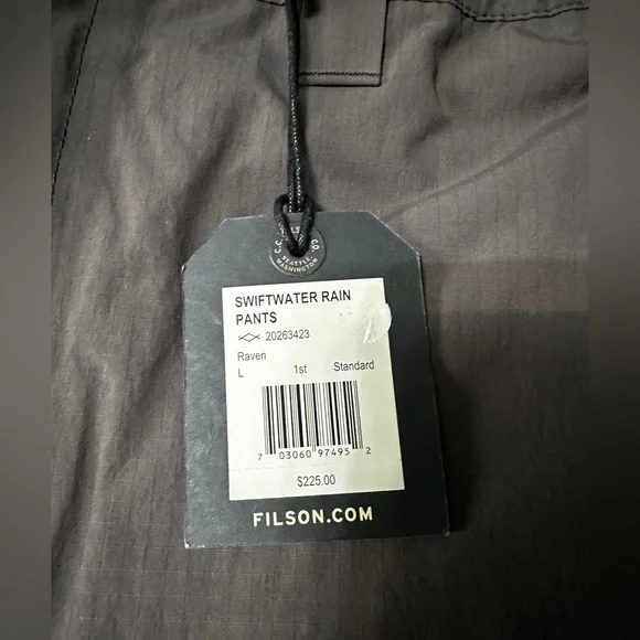 FILSON Swiftwater Rain Pants Mens L Raven Waterproof Fly Fishing Wading NWT
